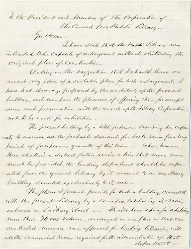 William Munroe letter on Concord Free Public Library expansion